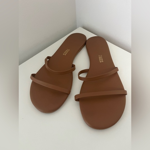 TKEES Gemma Slide Strappy Leather Sandals Brown Tan - Picture 2 of 4